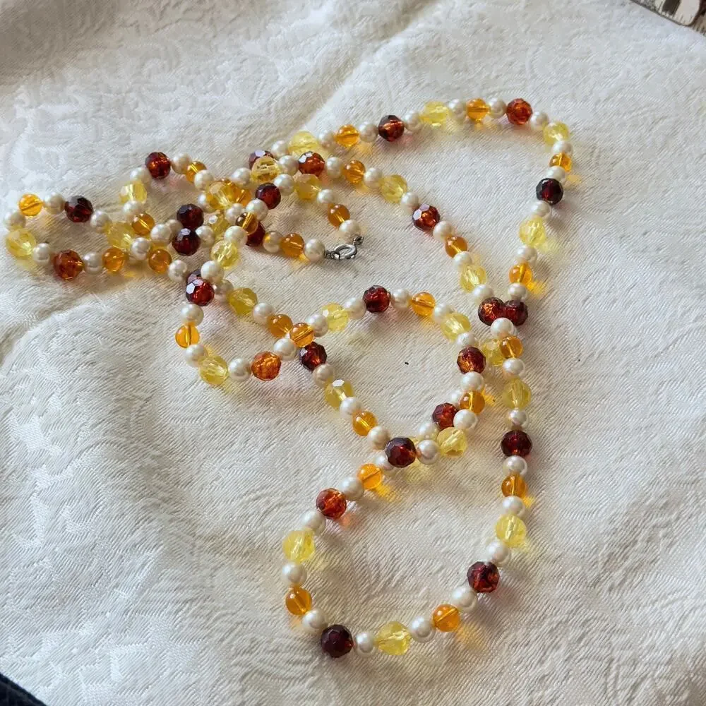 26” Acrylic Honey Yellow and Brown Beaded Necklace Faux Pearl Spacers VNTG 60’s